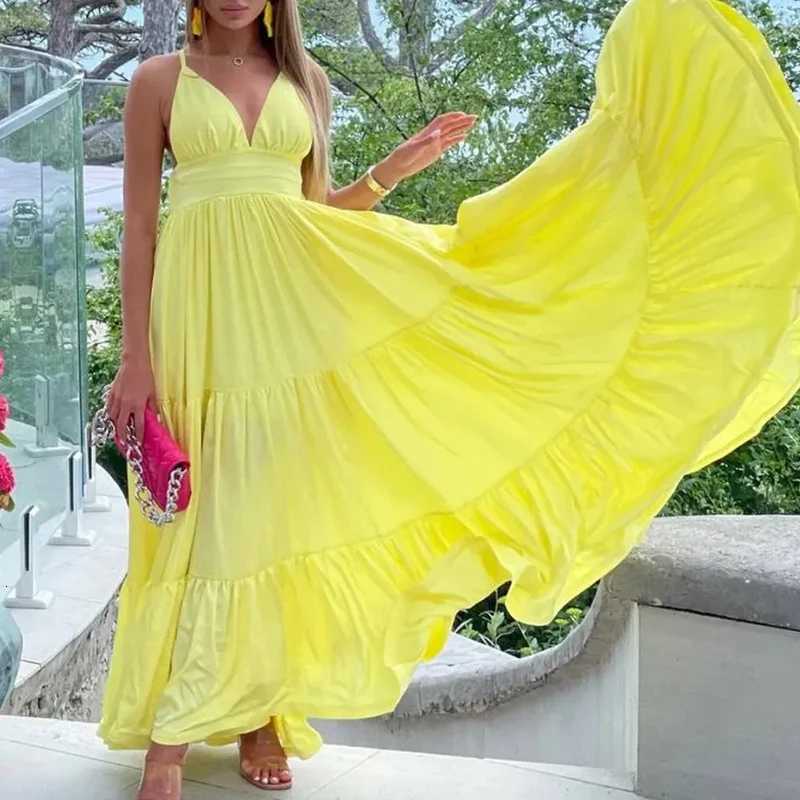 Sexy Backless Beach Party Dresses Elegant Deep V-neck Hight Waist Summer Dress Womens Fashion Sleeveless Solid Big Swing Dress X260306