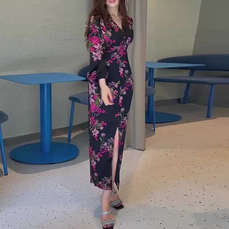 Temperament High Waist Ruffles Party Dress Sexy V-neck Floral Printed Satin Dress Elegant Vintage Long Sleeve Slim Evening Dress X260306