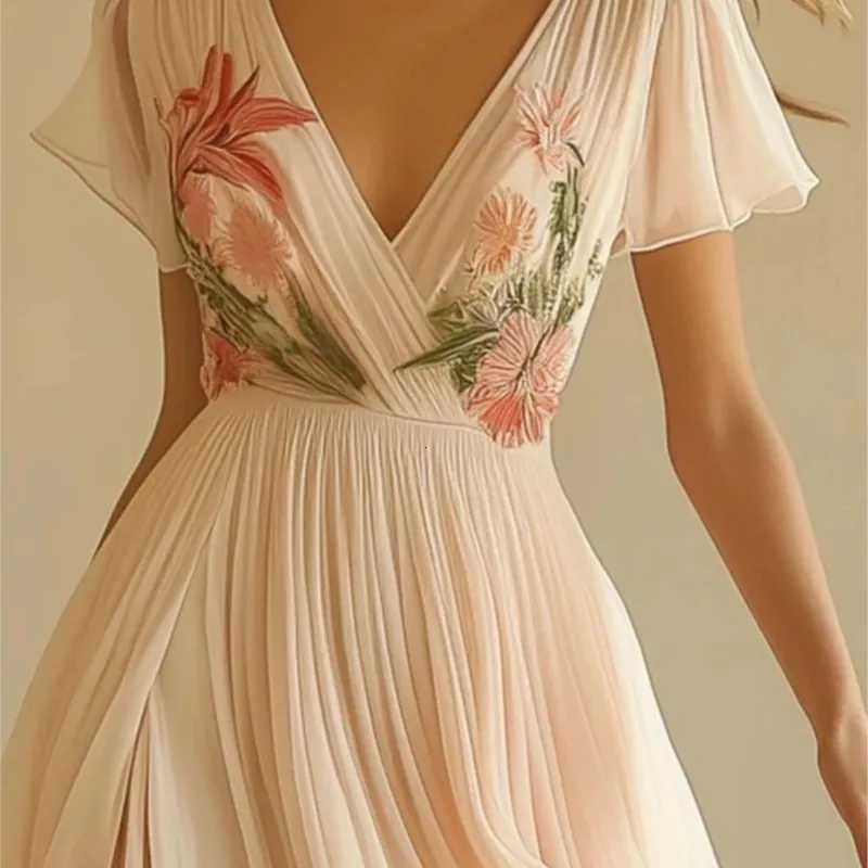 Womens Clothing Trend 2025 Summer Short Sleeve High Waist Dresses Sexy V Neck Floral Printed Boho Holiday Dress Vestidos X260306
