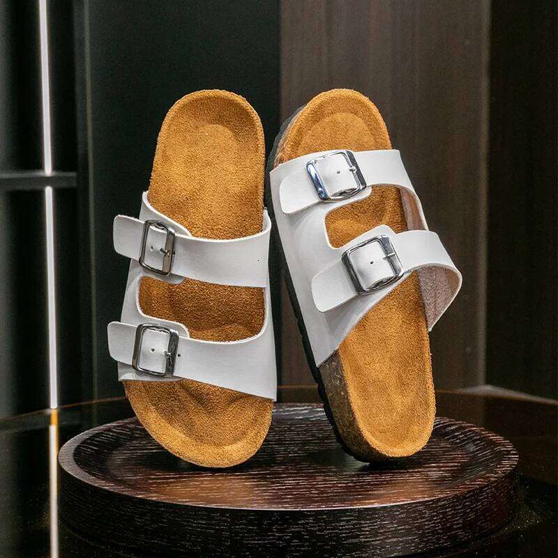 Classic Cork Slippers For Women New Fashion Suede Flats Sandals Summer Couple Beach Slides Shoes With Adjustable Buckle