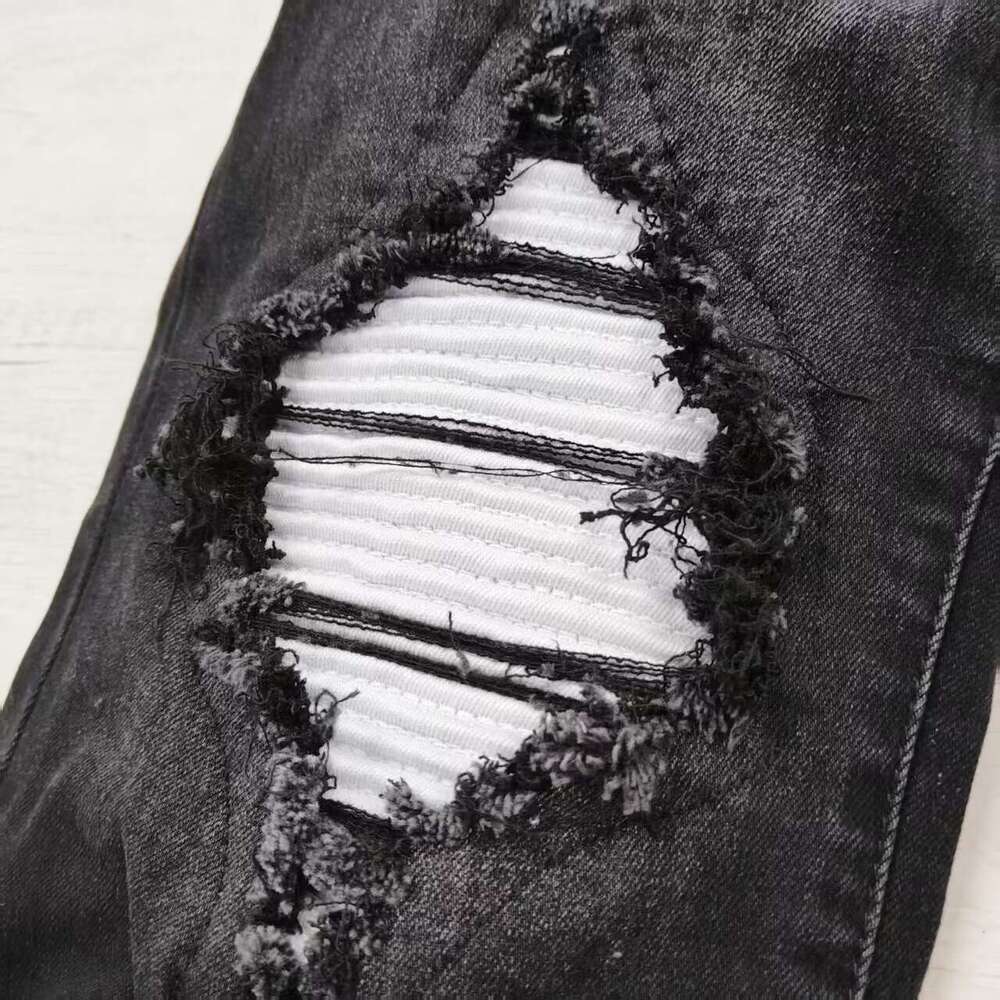 Trendy High Street Slim Fit Style Ripped silver Patch European and American Jeans Men's Pants Skinny