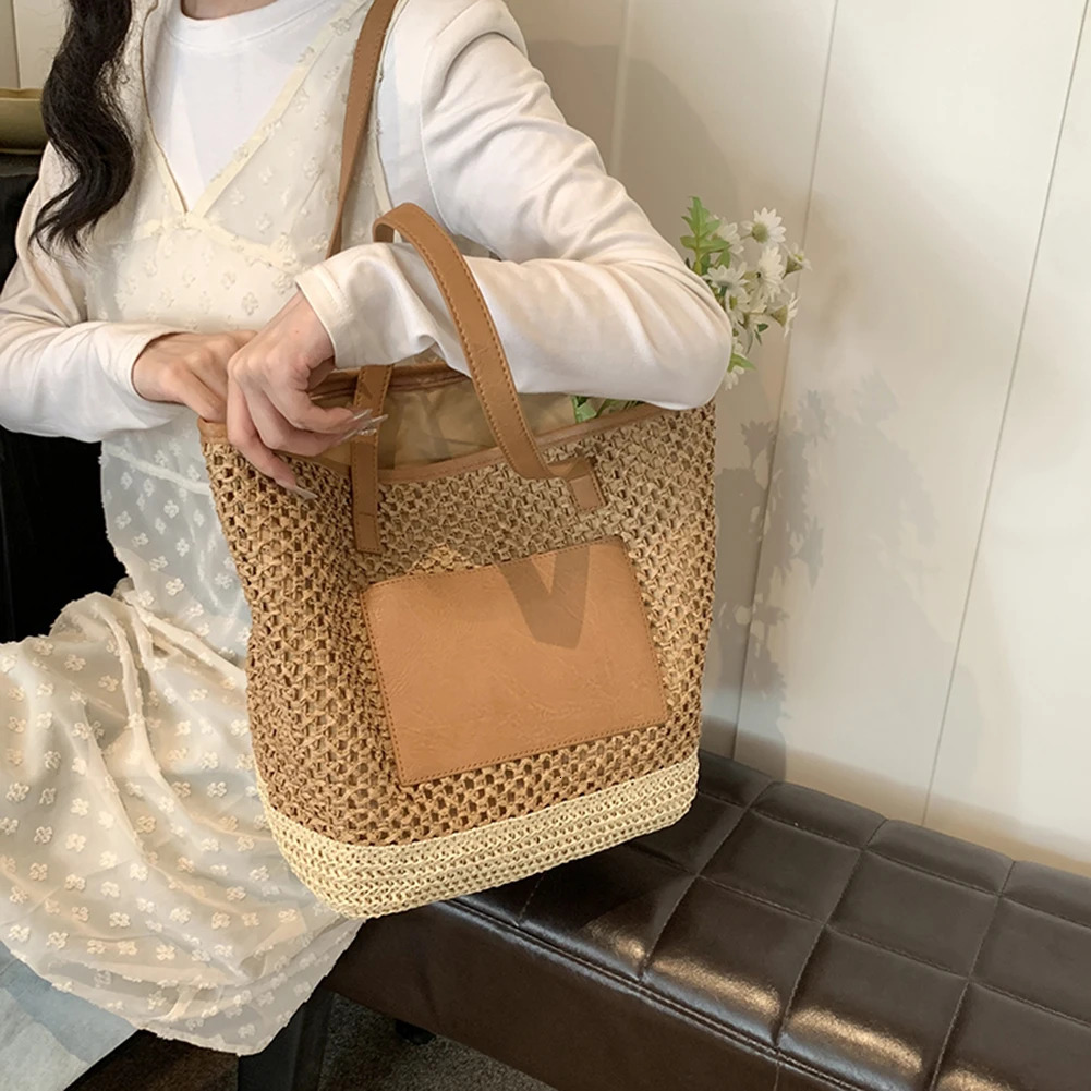 Women Straw Crochet Beach Handbag PU Patchwork Simple Shoulder Bag Contrast Color Minimalist Tote Bag Ladies Summer Bag 260303