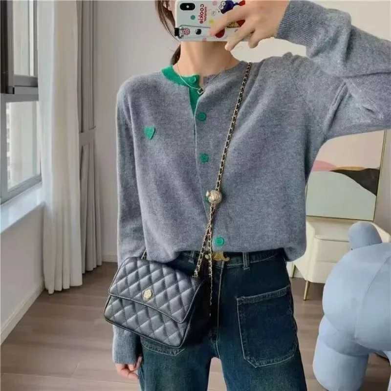 Academic Style Gray Cardigan Crochet Knit w/ Heart Green Buttons Autumn Basic Outerwear Open Front Sweater for Women M260306