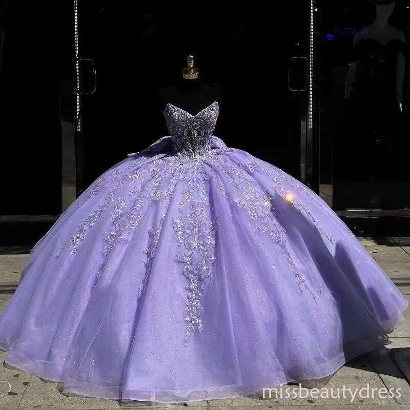 2026 Lavender Off The Shoulder Quinceanera Dresses Ball Gown Appliques Lace Beads Crystal Bow Tull Sweet 16 Dress Vestidos 15 De
