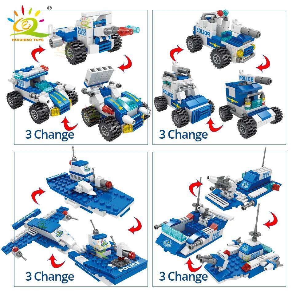 HUIQIBAO 700PCS 8in1 City Police Command Trucks Building Blocks Policeman Robot Car Helicopter Model Bricks Toys for Children Z260306