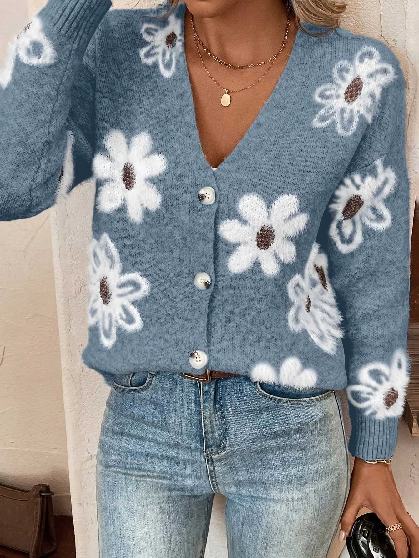 New flower pattern spring autumn loose knitted cardigan sweet casual V-neck button knitted sweater coat M260306