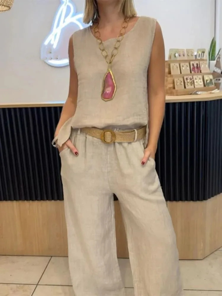 Summer Fashion Womens Commuting Style Cotton and Hemp Two Piece Set Round Neck Sleeveless Top Wide Leg Pants Set 260305