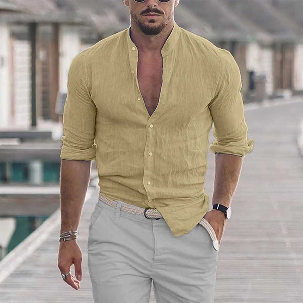 Mens Cotton Linen Shirts Madarin Neck Solid Color Long Sleeve Loose Top Spring Autumn Fashion Shirt M260305