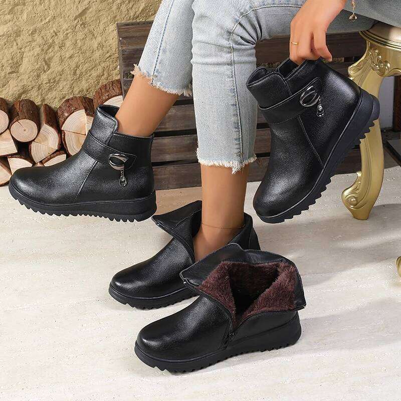 2025 Winter New Women's Ankle Boots - Side Zipper Plush Lined, Buckle Decor with Pendant, Non-Slip Wedge Heel, Warm & Elegant