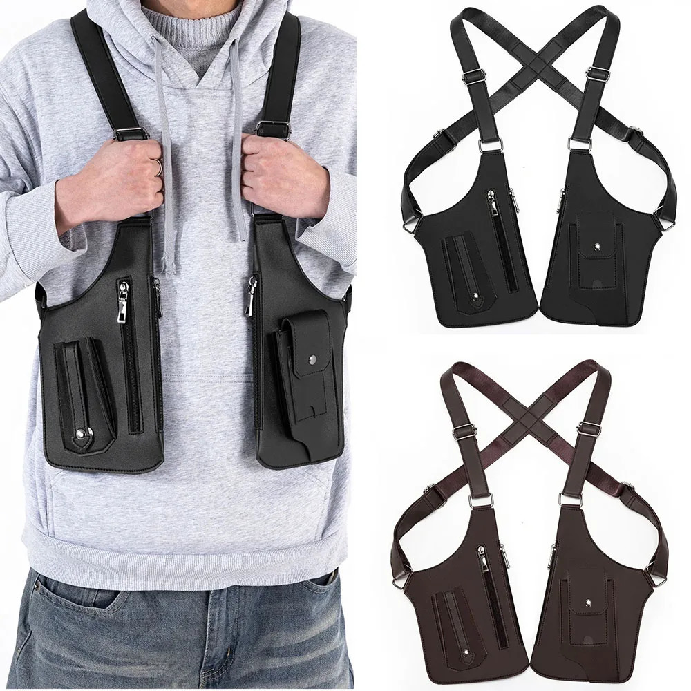 Mens Tactical Vest Bag High Quality PU Leather Man Chest Bag Phone Pouch Vintage Underarm Back Pack Bags 260305