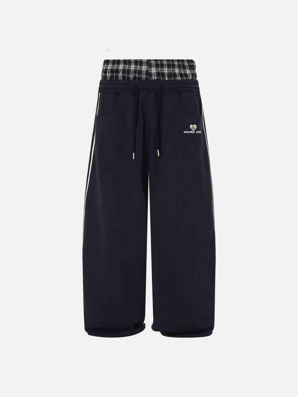 European and TK cross-border American retro striped embroidered sports casual pants, loose fit, unisex, double waistband, faux two-piece sweatpants