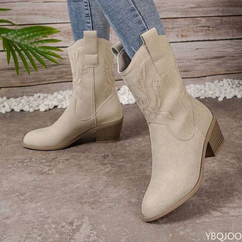 Elegant comfortable shoes autumn winter embroidered thick heel women's retro minimalist midsole pointed boots