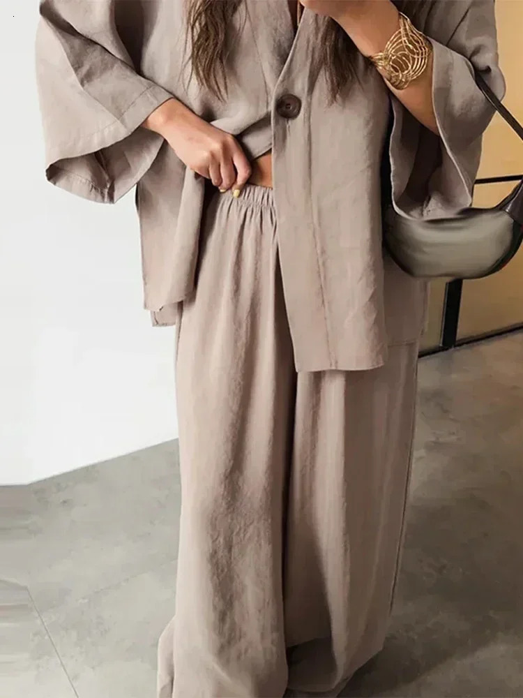 Casual Cotton Linen Loose Long Pants Suits Fashion Half Bubble Sleeve V-neck One Button Shirt Sets Lady Summer Street Outfit 260305