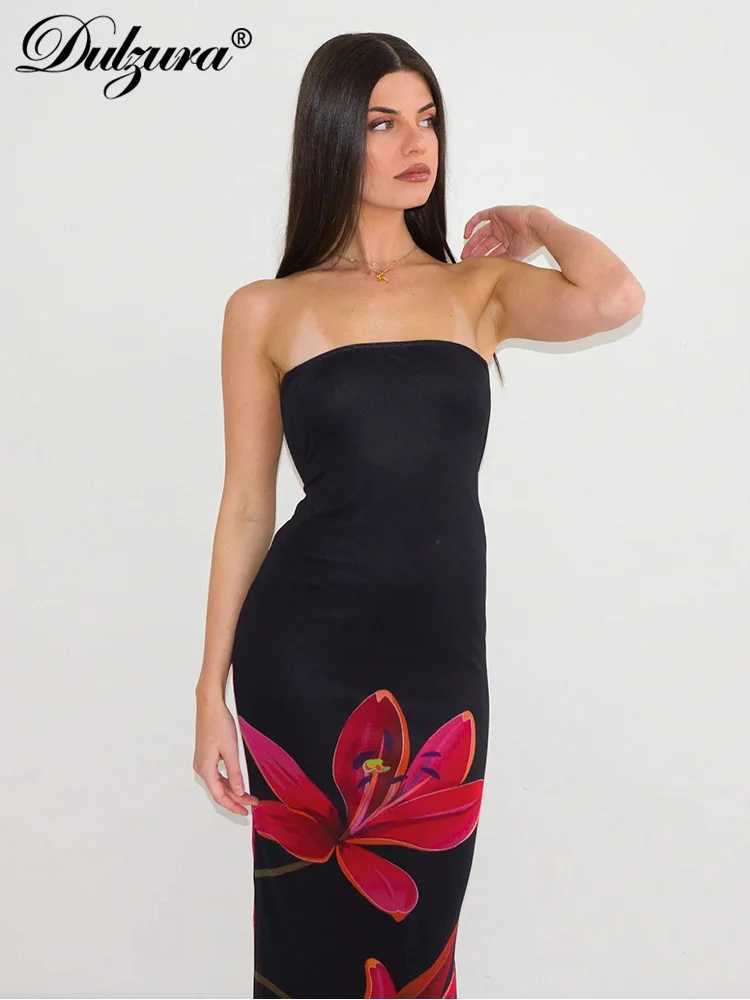 Dulzura Sleeveless Flower Print Tube Bodycon Midi Dress Backless Lace Up Elegant Sexy Outfit Party Club Autumn Winter X260306