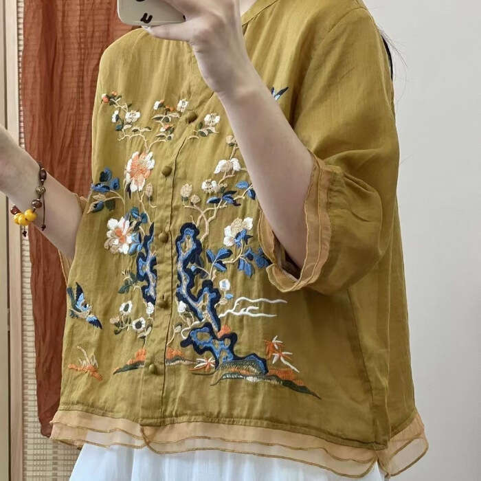High-end Cotton and Linen Tops Female 2026 Summer New Embroidered Cardigan Shirt New Chinese Style Embroidered pattern shirt