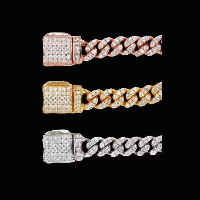 Fashion Jewelry Hip Hop Chain Moissanite Diamond Bracelet 925 Sliver White Gold Cuban Chain