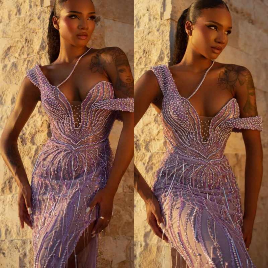 Graceful Evening Dresses Mermaid Off Shoulder Pearls Prom Dresses Backless Celebrity Party Gown Customized Vestido De Novia