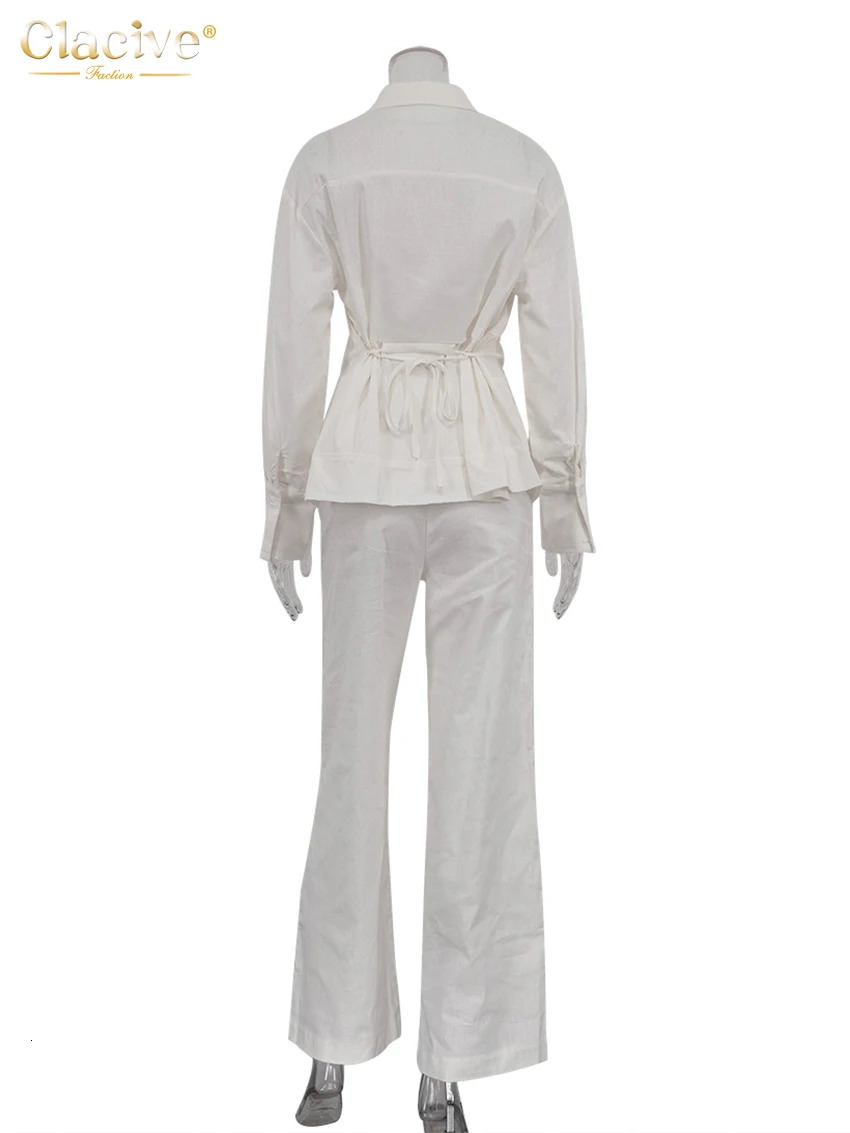 Clacive Fashion Loose White Linen Womens Two Pieces Set Elegant Long Sleeve Shirt With Mid Waist Wide Pants Set Streetwear 260305