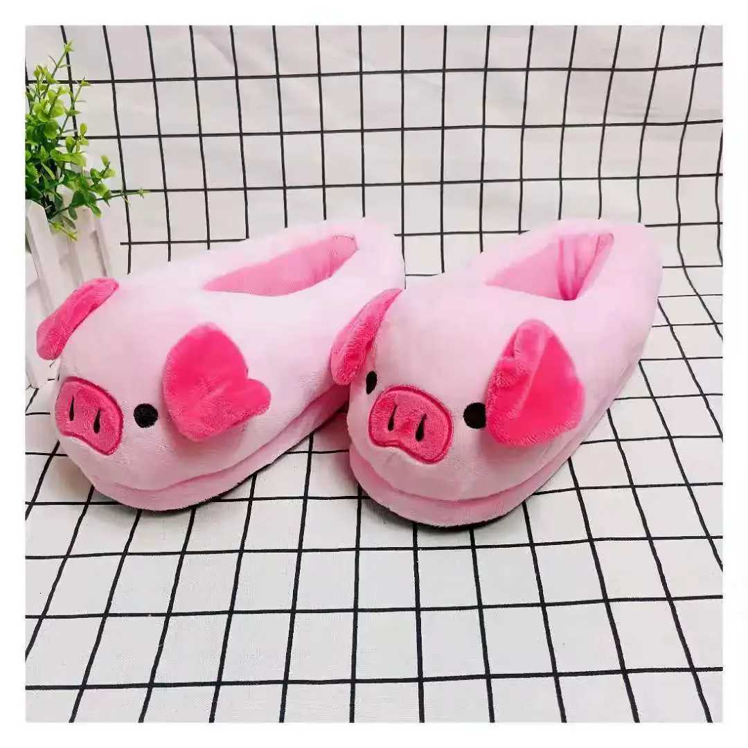 Cute Pig Winter New Women Slipper Heel Cover Warm Slippers Soft Fur Indoor Comfortable Fluffy Home Slides Girls Cartoon Footwear S260305