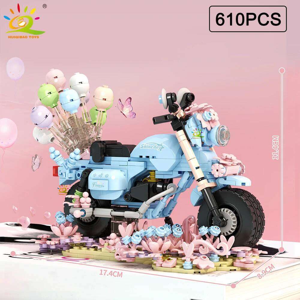 HUIQIBAO MOC Balloon Motorcycle Model Building Block Motorbike Car Brick Toy Home Desk DIY Decoration Assemble Game for Children Z260306