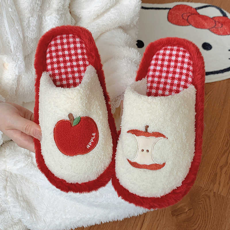 Cute Red Apple Cotton Slippers for Women Winter Girly Fuzzy Shoes Home Floor Non-Slip Maternity Shoes S260305