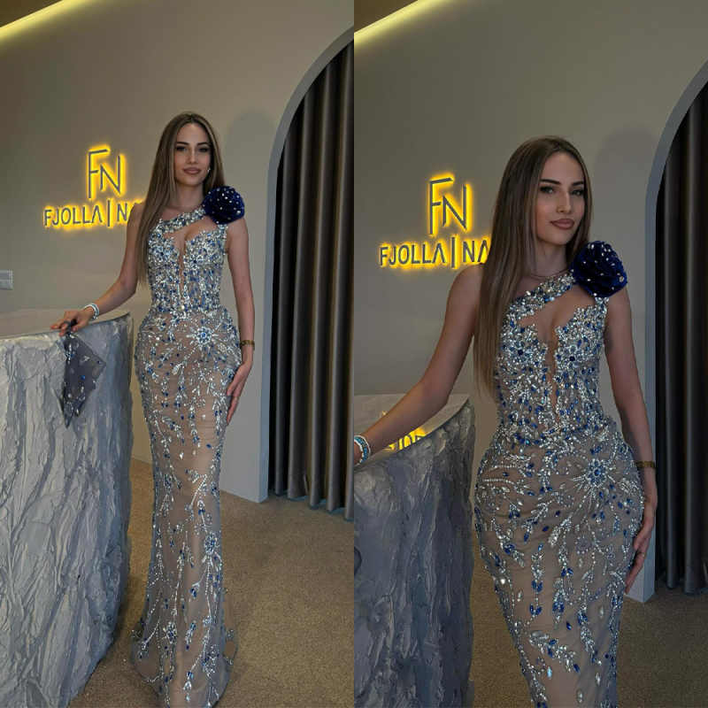 Modern One Shoulder Evening Dresses Customized Sexy Beaded Sleeveless Prom Dress Crystals Floor Length Party Gown
