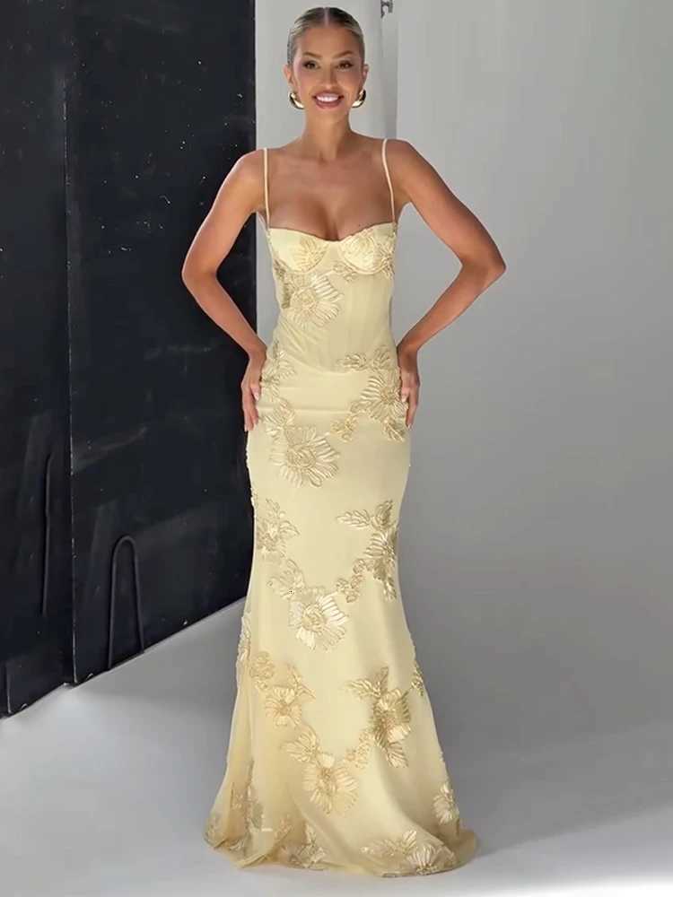 Pale Yellow Print Backless Bandage Dress Women Chic Sleeveless Off Shoulder High Waist Slim Fit Robes Lady Evening Party Gowns X260306