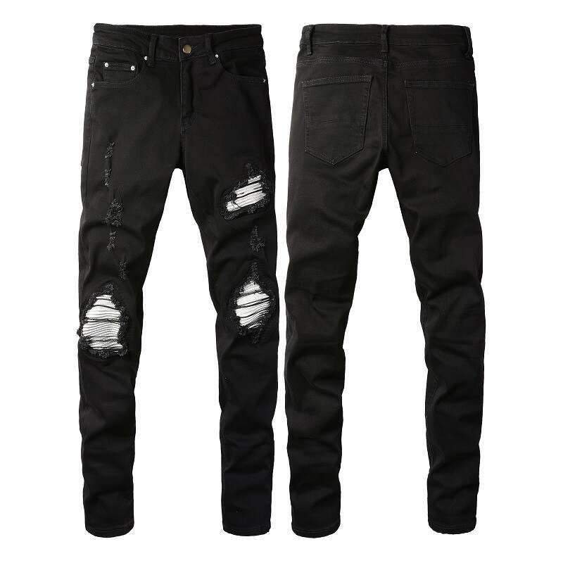 Trendy High Street Slim Fit Style Ripped silver Patch European and American Jeans Men's Pants Skinny