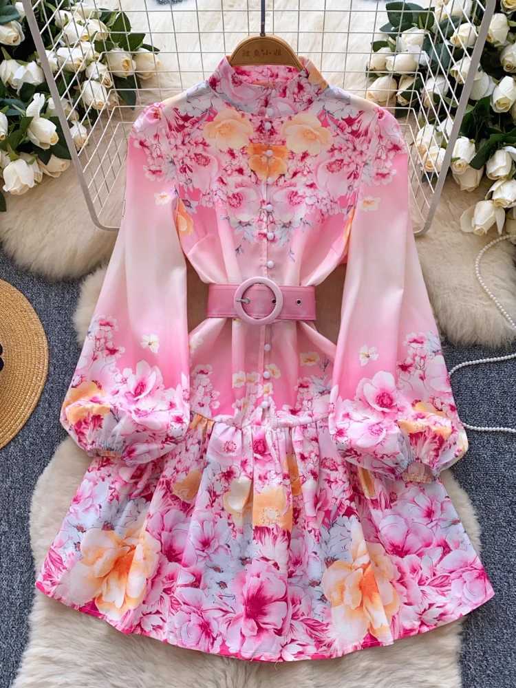 France Elegant Vintage Evening Dress Women Sashes Button Print Short Party Dress Female Casual Chic Festival Clothing New X260306