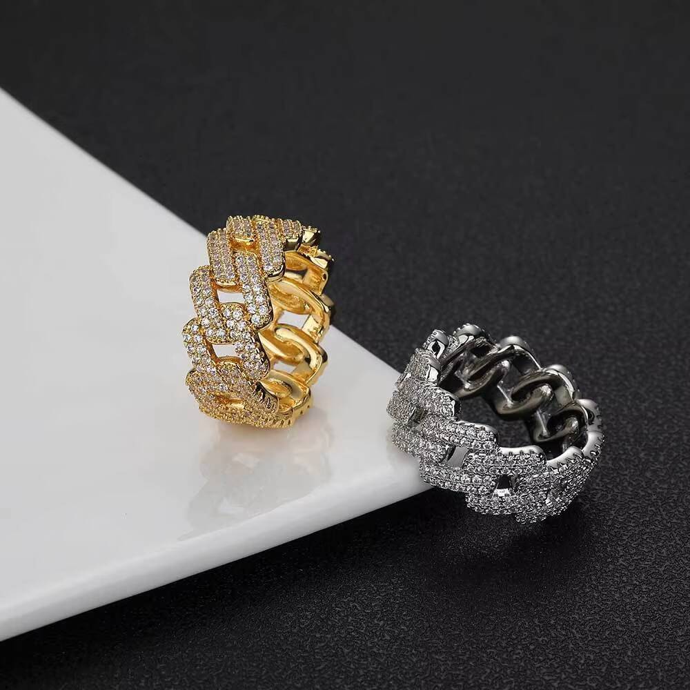 Wholesale Fashion Hip Hop Cuban Chain Rings Brass Gold Plating Iced Out Cubic Zircon Cuban Link Ring Gift for Men Women Jewelry