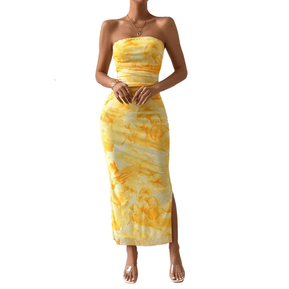 Cross-Border Women's TK Mesh Printed 2026 Spring Summer New High Waist Slim Fit Slit Tube Top Bodycon Dress