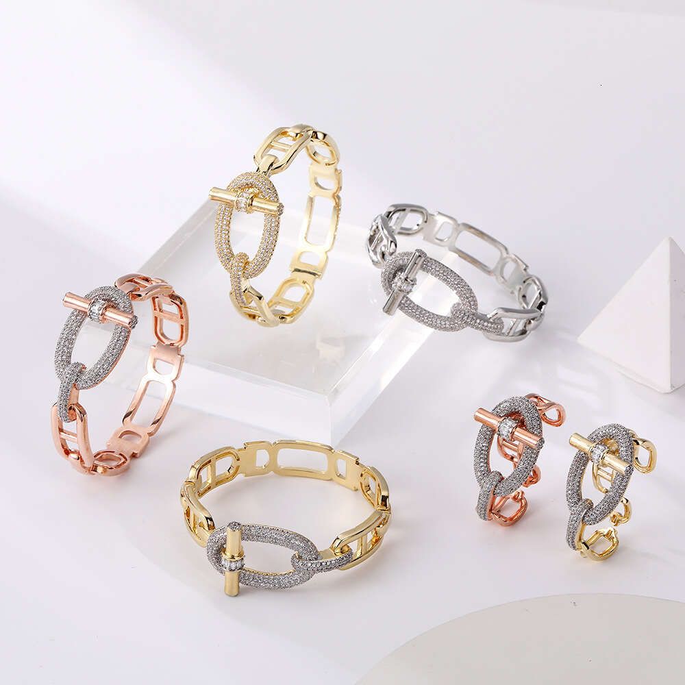 Hot Sale Two-Tone OT Crossbar Bracelet Ring Set, Heavy Craft Hand Accessories For Women