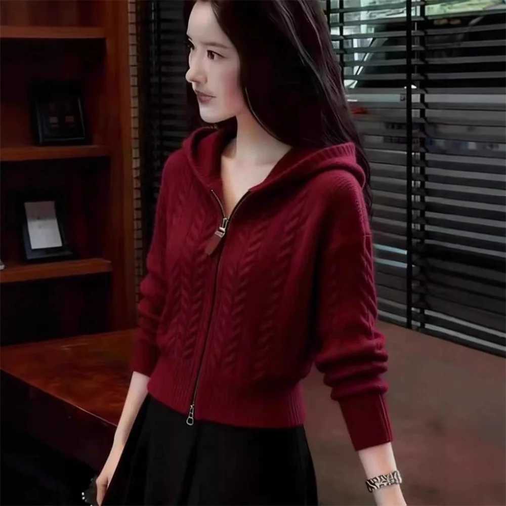 Womens Fashion Knitted Zipper Hooded Cardigan Sweater Jackets Spring Autumn Winter Korean Style Twist Sweater Cardigans Clothes M260306