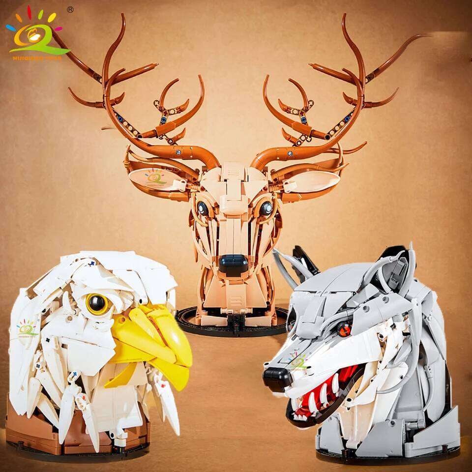 HUIQIBAO MOC Creative Wolf Deer Eagle Head Model Building Blocks Animal Pendant Wall Hanging Sculpture Home Decor Toy Z260306