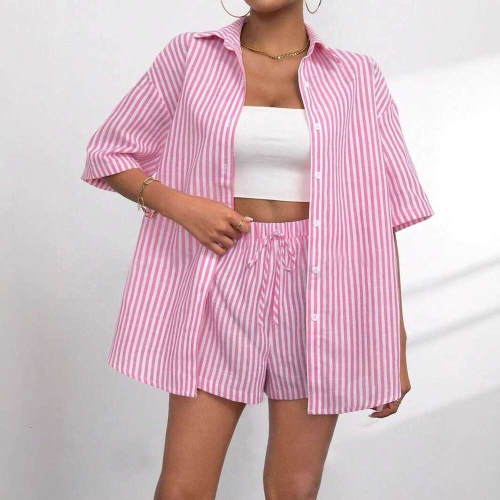 Spring summer cross-border European American women's clothing, new fashion striped short-sleeve shirt with collar and shorts casual two-piece set