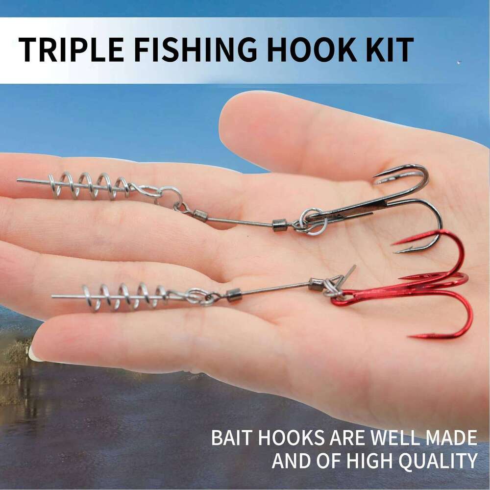 9KM Fishing Stringer Rig 3pcs/Set Treble Hook with Center Spring Pin Soft Lure Rigging for Twistlock Screw Rigs Saltwater S260305