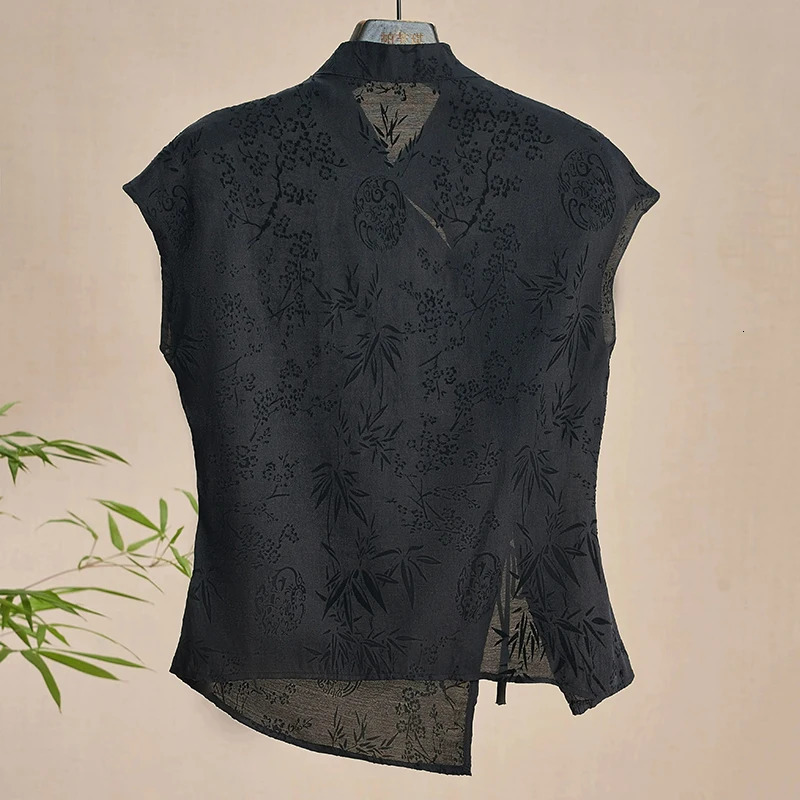 Retro Thin Shirt Chinese Style Cheongsam Top Black Jacquard Short Sleeve T-shirt Summer Mature Fashion Womens Clothing 260306