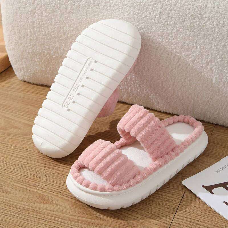 Litfun Winter Corduroy Fuzzy Platform Soft Sole Anti-slip EVA Foam Slides Furry Comfy Women's Slippers