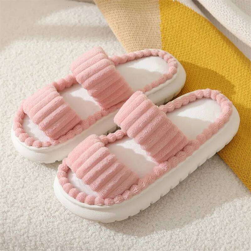 Litfun Winter Corduroy Fuzzy Platform Soft Sole Anti-slip EVA Foam Slides Furry Comfy Women's Slippers
