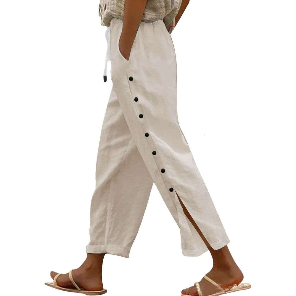 Linen for Women 2025 Spring Summer Lightweight Long Pants Vacation Beach Trousers Designer Side-Buttoned Closure Joggers