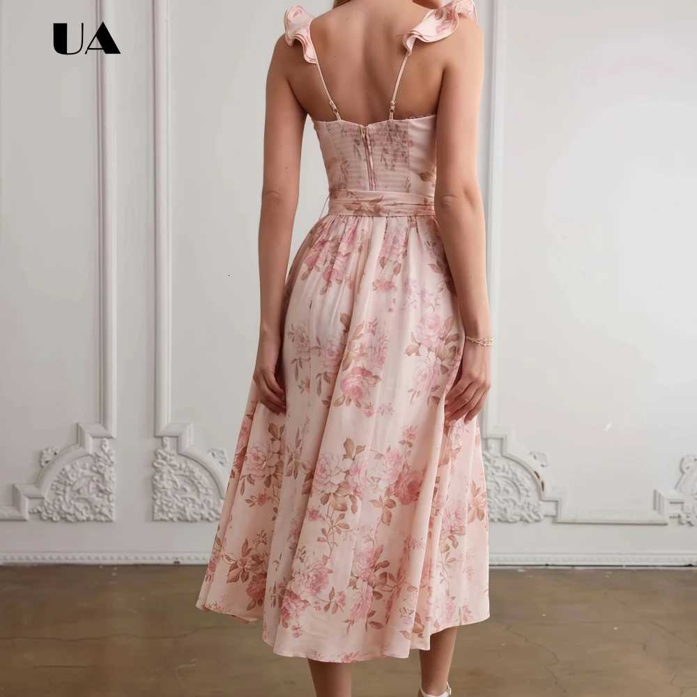 Elegant Flower Printed Sweetheart Neck Prom Dress with Ruffled Flying Sleeve Classic Empire Midi Party Dress French Slit Dress X260306