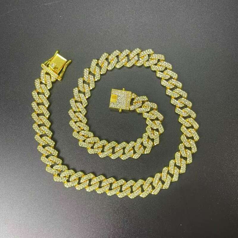 Source Manufacturer High-Quality Zinc Alloy 14MM Diamond Cuban Chain Necklace Bracelet Hip-Hop Unisex Jewelry Wholesale