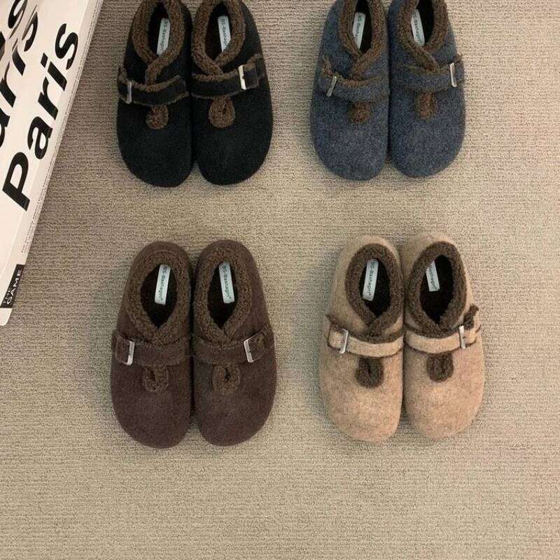 2025 Winter New Women's Retro Buckle Warm Flats Loafers Fuzzy Comfort Casual Shoes