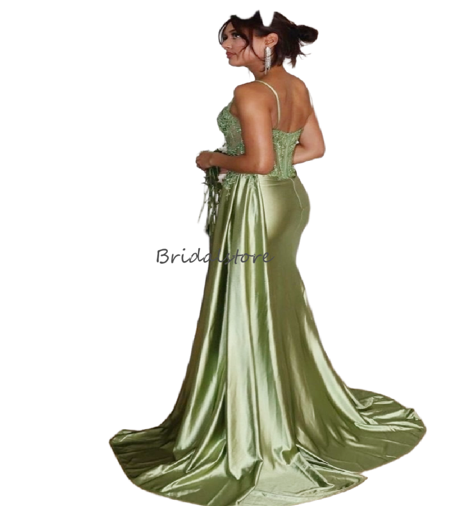 Ethereal Green Satin Prom Dresses With High Slit Plus Size Spaghetti Straps Lace Evening Gowns 2026 Outdoor Garden Formal Party Vestio De Gala Elegant