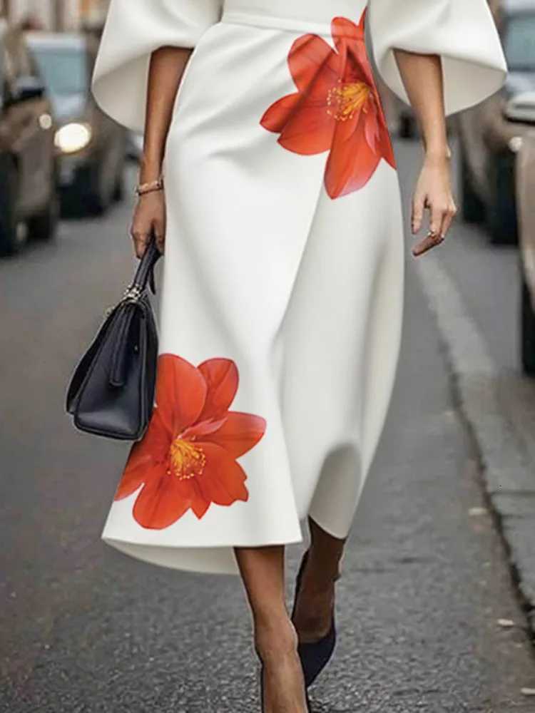 Freeacy 2025 Autumn New Floral Printed White Dress for Women Round Neck Flare Sleeves High Waist Evening Party Dresses X260306