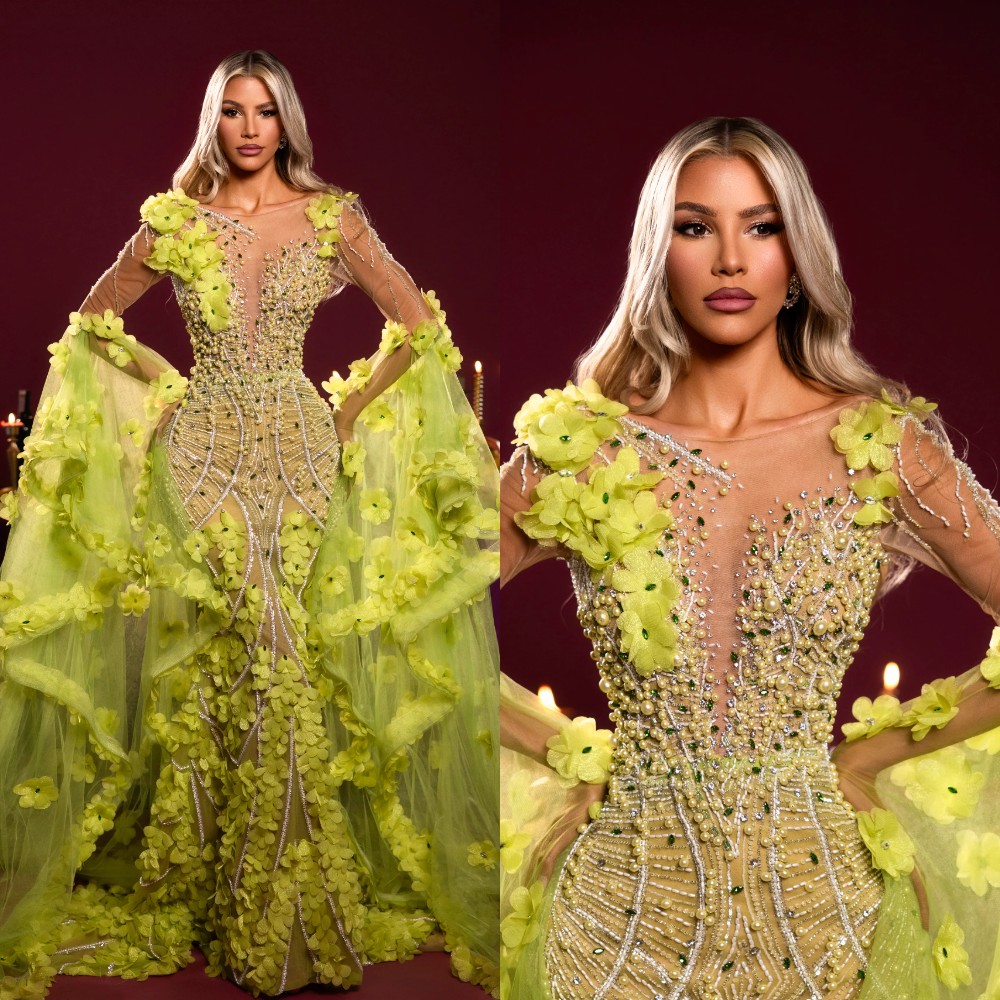 Good-Looking Evening Dresses Mermaid One Neck Appliques Pearls Prom Dresses Long Sleeve Celebrity Party Gown Customized Vestido De Novia