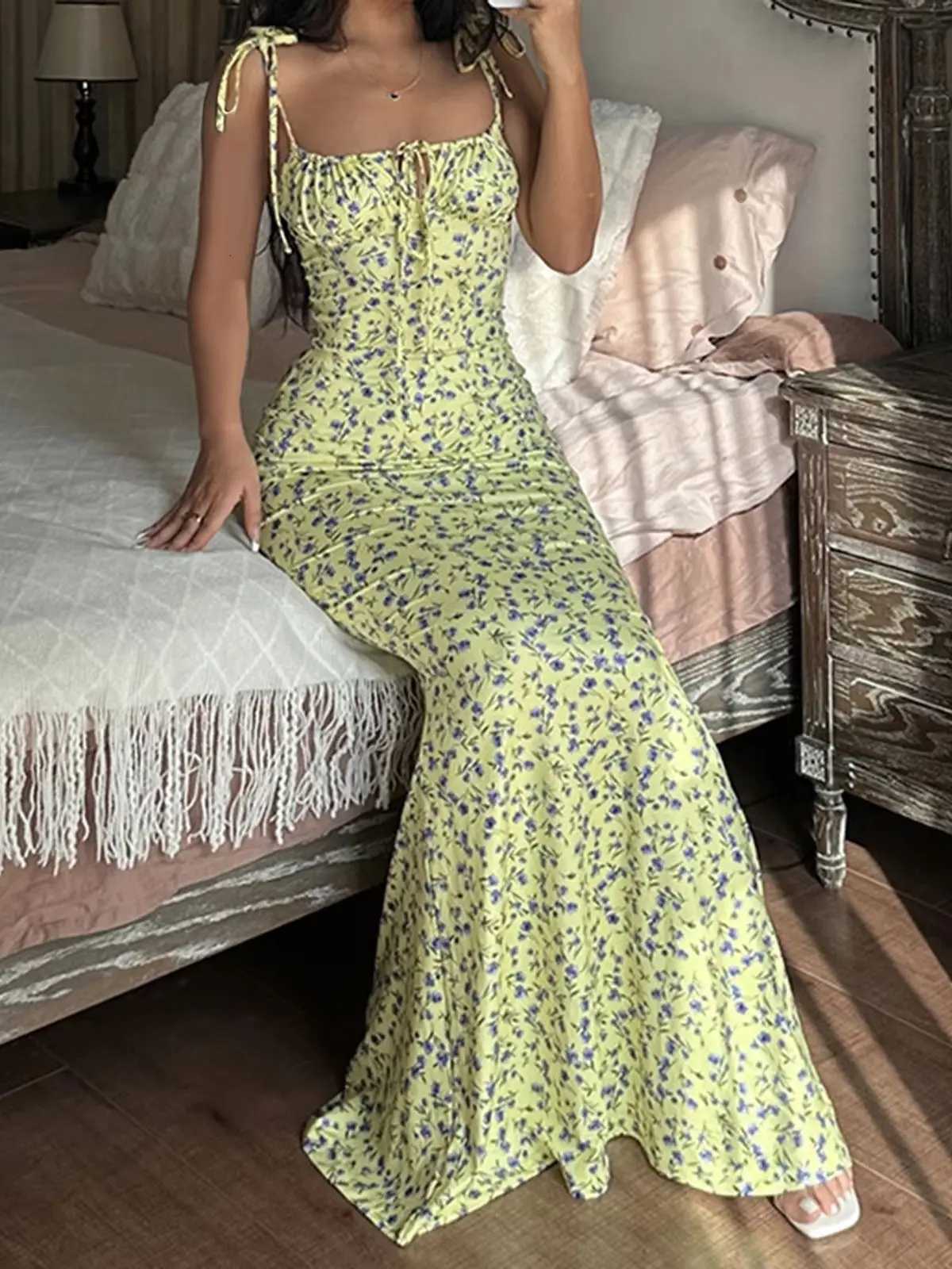 2025 Summer Floral Midi Dress Women Spaghetti Strap Tie-up V-neck Split Dress Sexy Vintage Elegant Dresses Female X260306