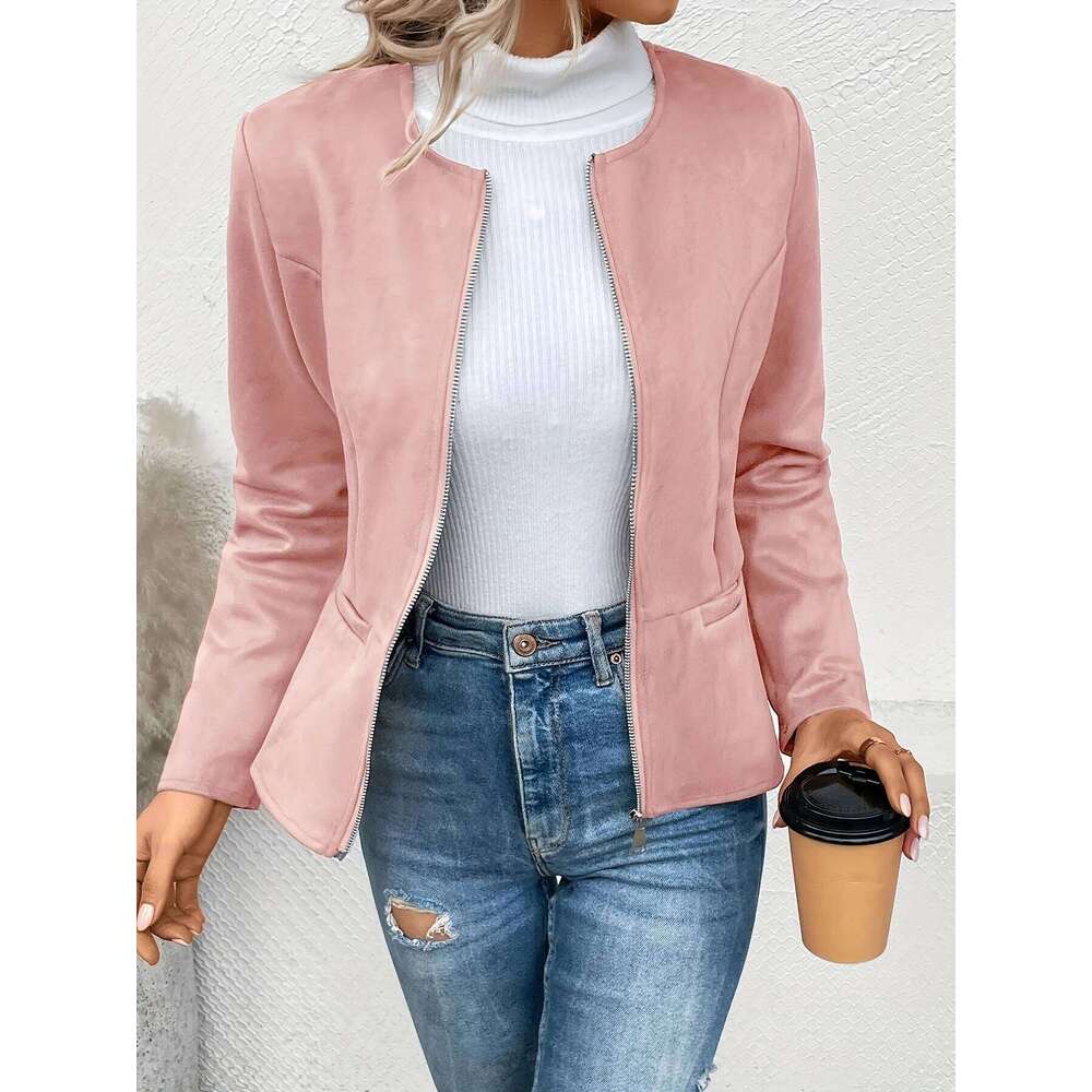 Women's Fashion Round Neck Slim Fit Top Long sleeved Access Control Zipper Cardigan Short Jacket