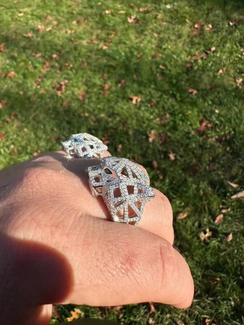 Moissanite and Morganite Geometric Panter Ring IGI Certified Real Solid 925 Silver for Mens Hip Hop Look Wedding Party