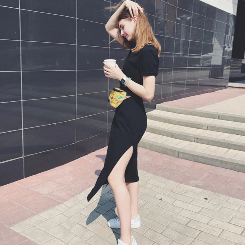 Summer Korean Style Midi Dress Women Casual Black Long Dresses Short Sleeve Sexy Plus Size Side Open Party Maxi T Shirt Dress 260306